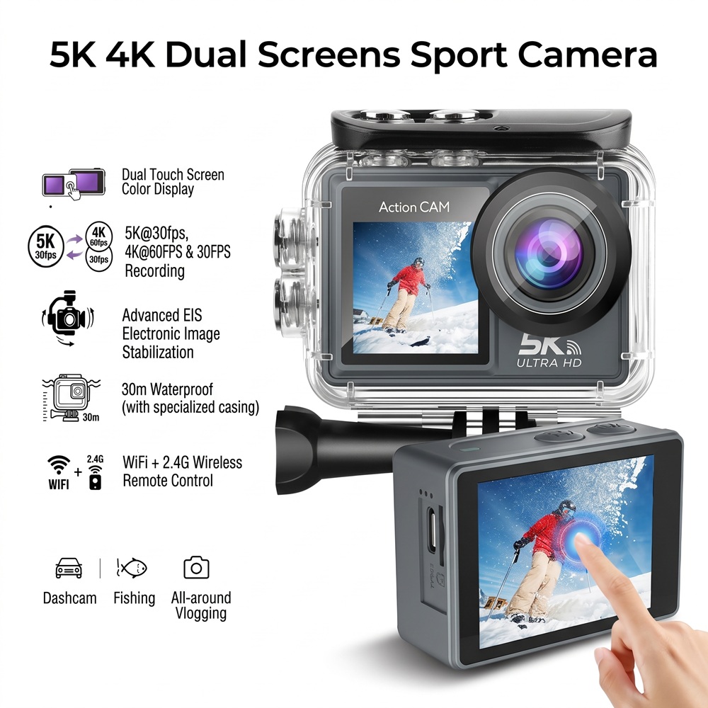 Action Camera 4K 60Fps Dual Screen - Caméra d'action 5K 4K Ultra HD,