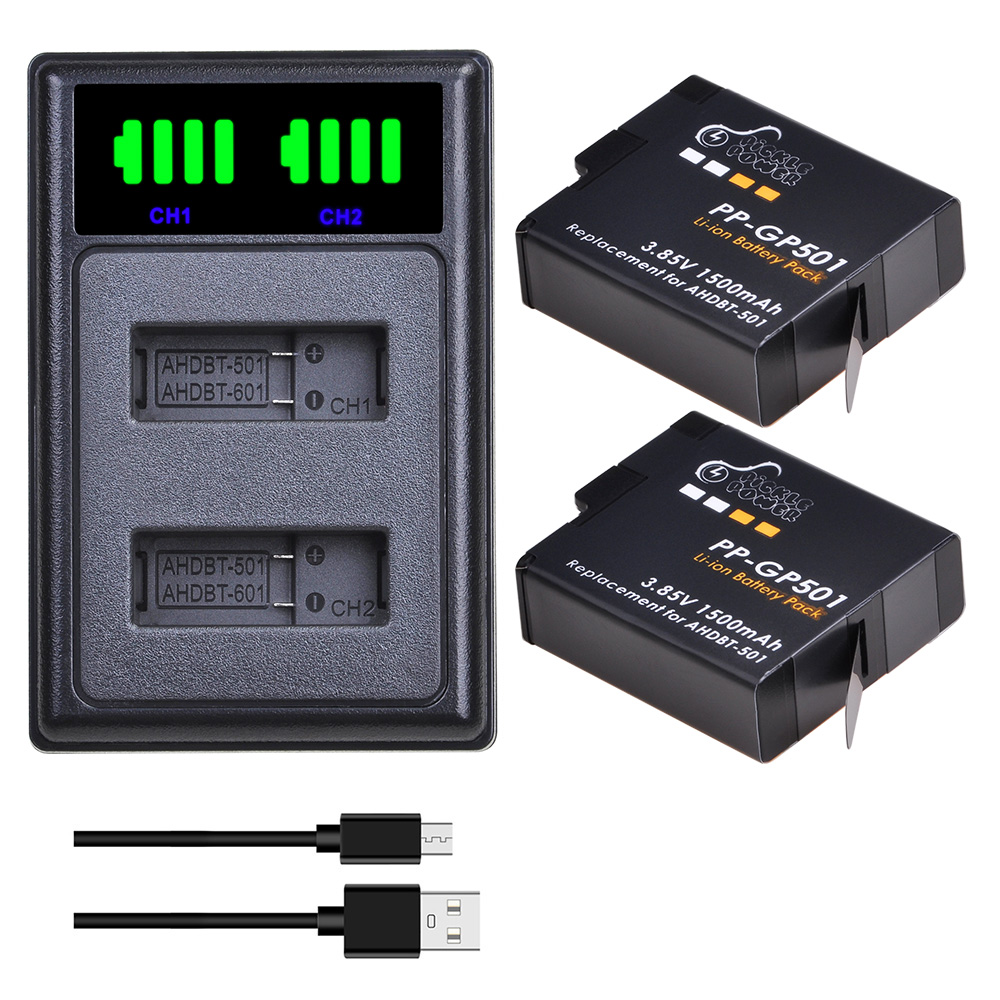 Action Camera Battery Charger Dual Pack - Batterie de remplacement 1500mAh AHDBT-501 pour